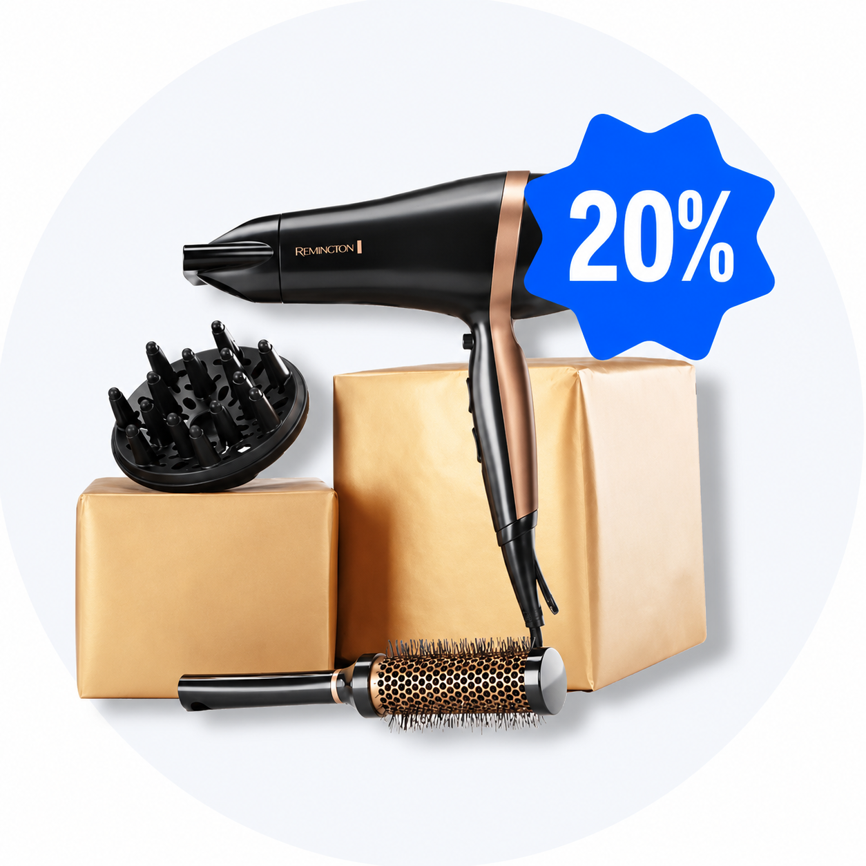 Remington hårtørrer i sort og rosaguld med diffuser og rundbørste, 20% rabat.