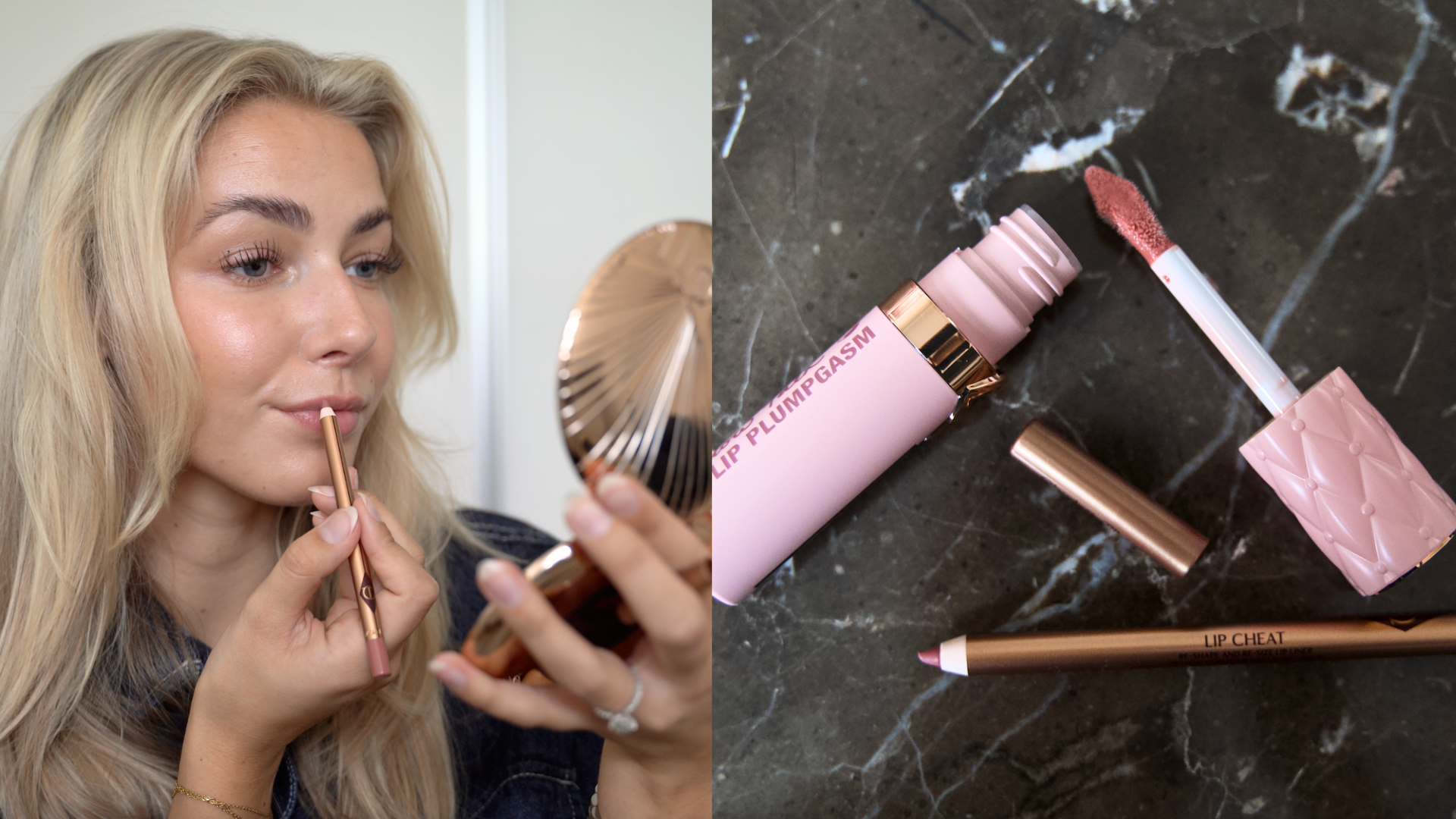 En person tegner læberne op med en læbeblyant, ved siden af Charlotte Tilbury Lip Plumpgasm læbeglans og Lip Cheat læbeblyant på marmor.