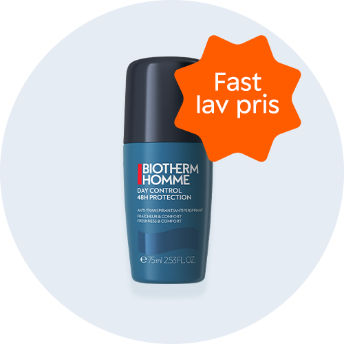 Her ses en mørkeblå og sort deodorant. Den er til mænd og er fra Biotherm. Baggrunden er lyseblå.