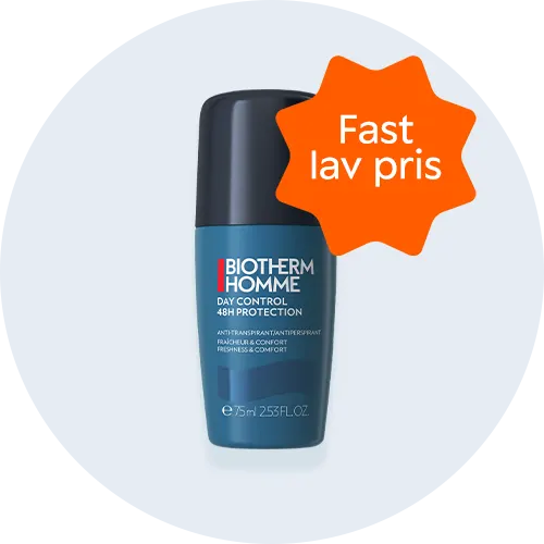 Her ses en mørkeblå og sort deodorant. Den er til mænd og er fra Biotherm. Baggrunden er lyseblå.
