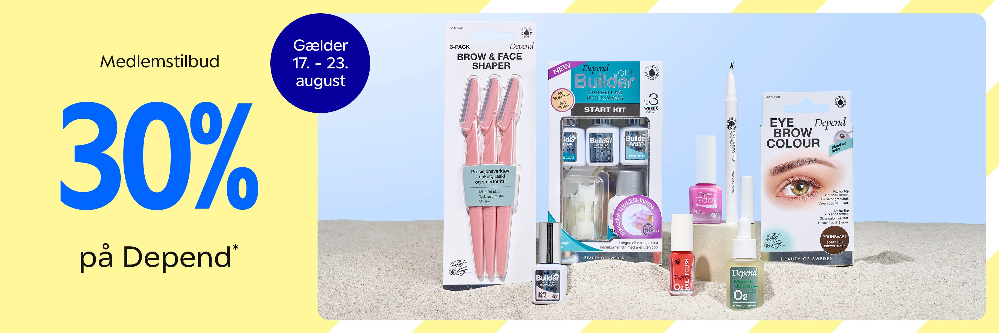 Medlemstilbud: Spar 30% på Depend. Billedet viser produkter til bryn, negle og beauty fra Depend. Tilbuddet gælder 17.–23. august.
