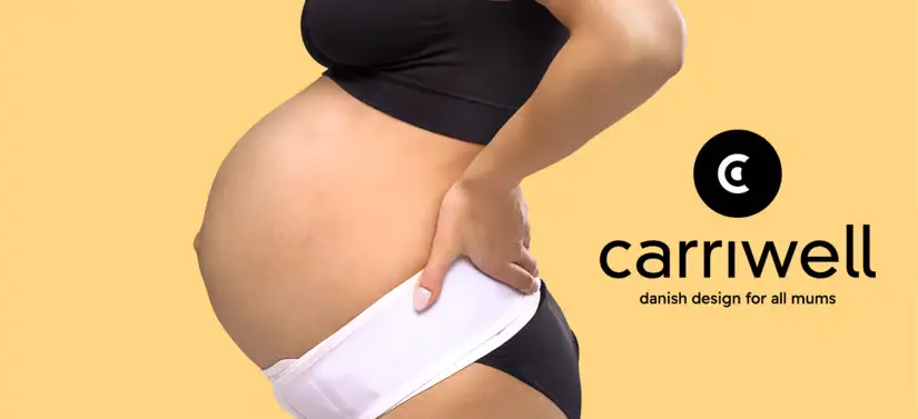 Her ses en gul baggrund med en gravid kvinde og et sort logo.
