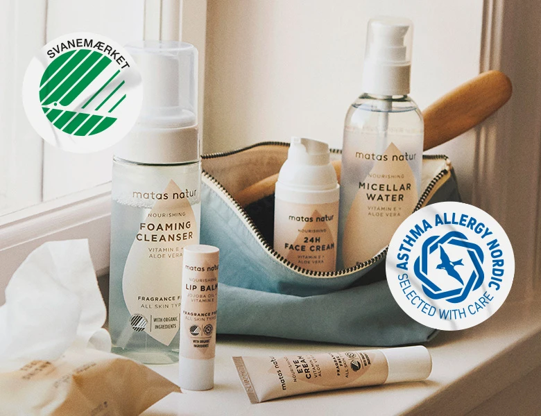 Matas Natur hudplejeprodukter som skumrens, micellar water, ansigtscreme og læbepomade med Svanemærket og Astma Allergi Nordic mærkerne.