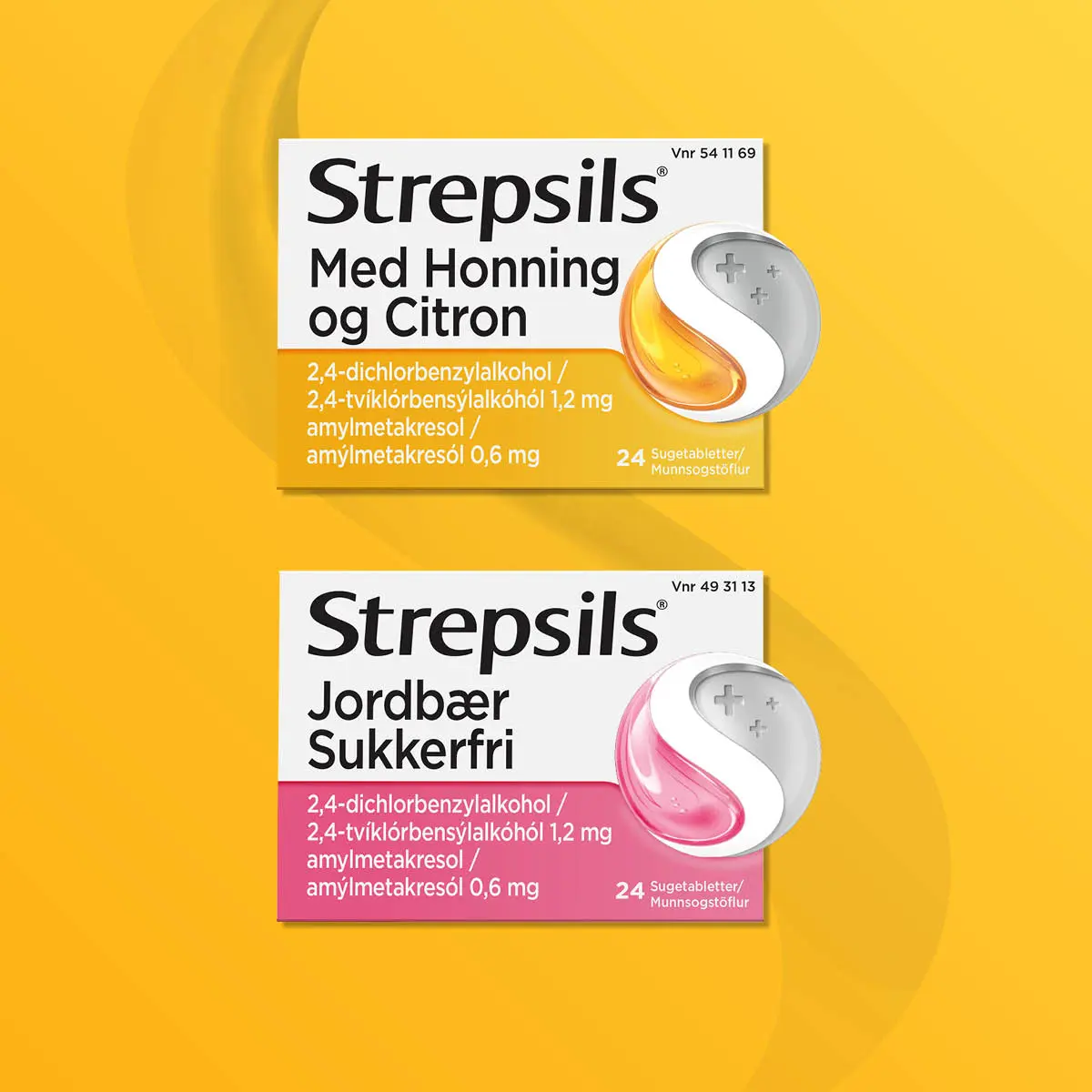 To Strepsils-pakker, hver med 24 sugetabletter. Begge indeholder 2,4-dichlorbenzylalkohol 1,2 mg og amylmetakresol 0,6 mg. Den øverste er 'Med Honning og Citron', den nederste 'Jordbær Sukkerfri'.