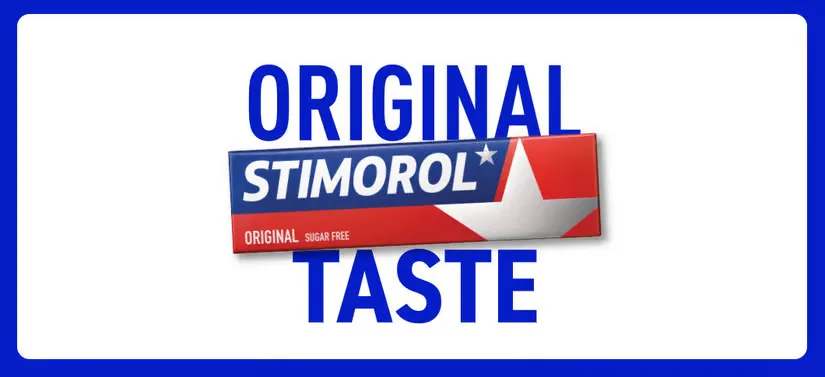 Her ses en af Stimorols produkter på en hvid baggrund som har blå kanter. 