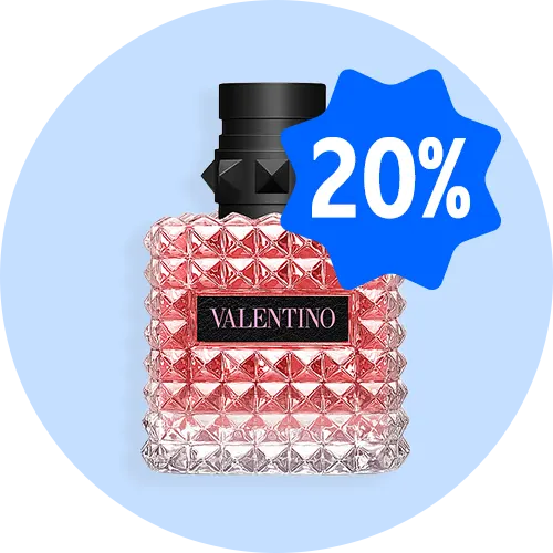 Valentino-parfume i rosa glasflakon på lyseblå baggrund med blåt 20%-mærke.
