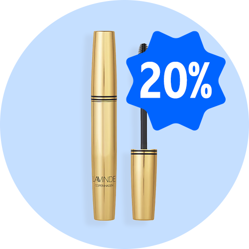 Guldmascara fra Lavinde Copenhagen, vist både lukket og med mascarabørste, med blåt 20%-mærke.