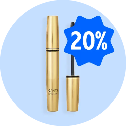 Guldmascara fra Lavinde Copenhagen, vist både lukket og med mascarabørste, med blåt 20%-mærke.