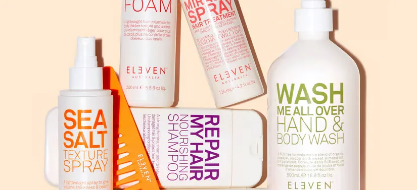 Her ses forskellige Eleven Australia produkter på en lys beige baggrund.
