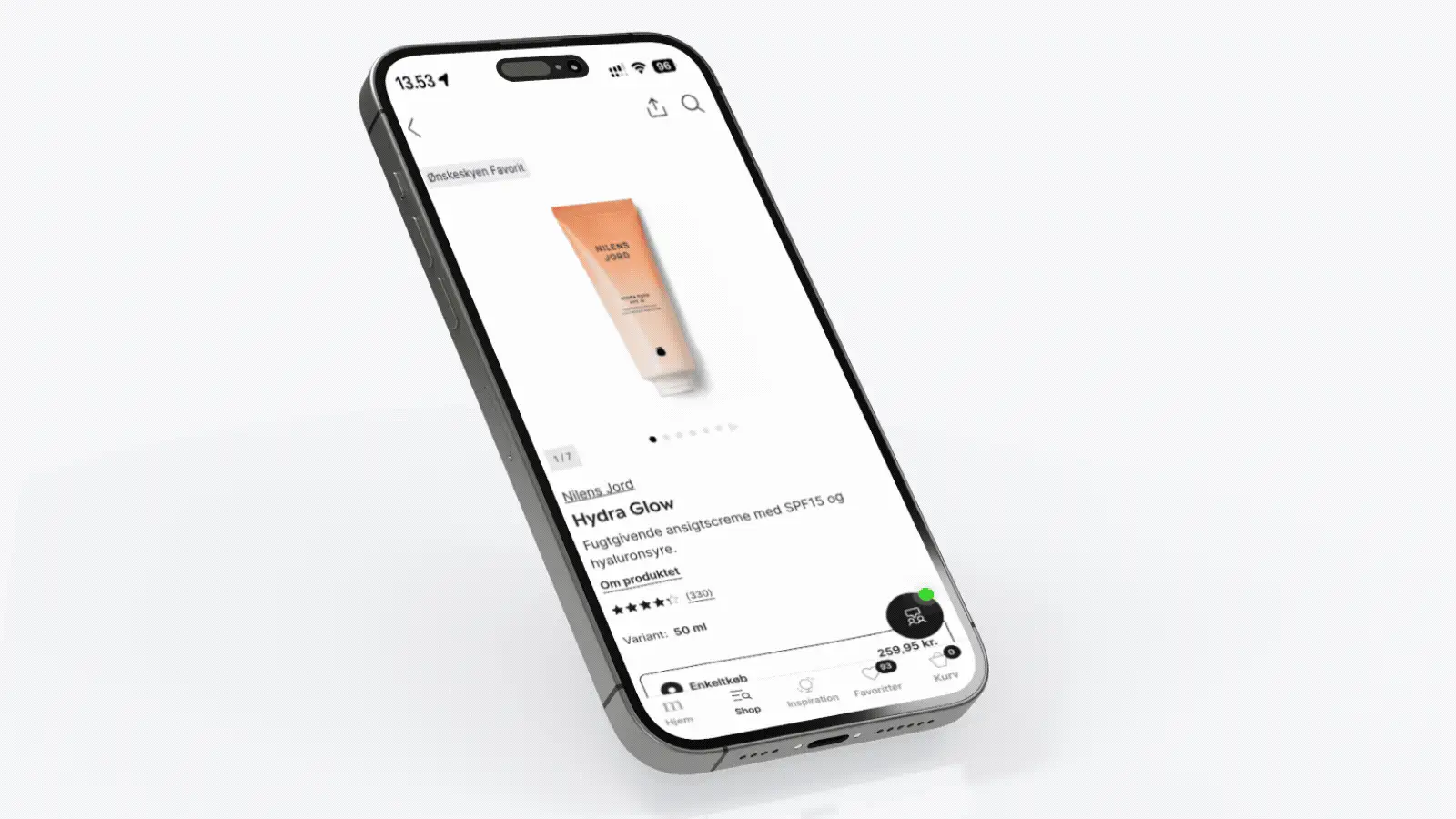 Smartphone viser produktside for Nilens Jord Hydra Glow fugtgivende ansigtscreme med SPF15 og hyaluronsyre.