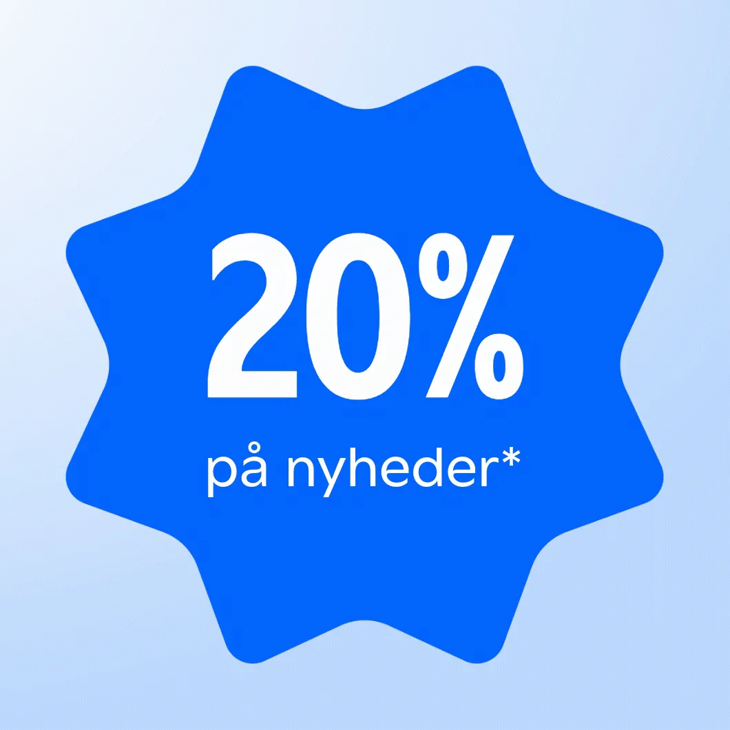 Blå, stjerneformet tilbudsgrafik på en lyseblå baggrund. Med stor hvid tekst står der: “20% på nyheder*”. Grafikken er udformet som et markant blåt tilbudsbadge.