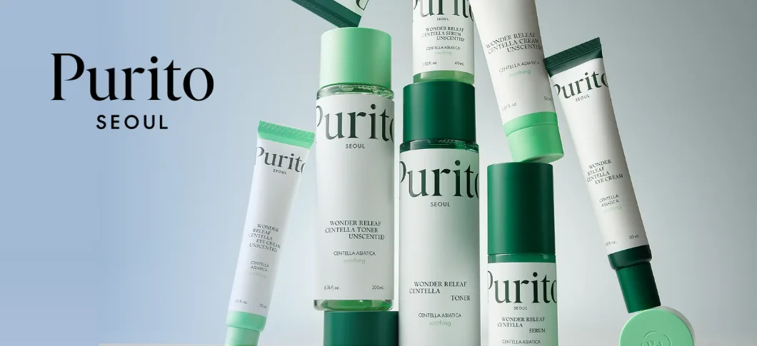 Her ses Purito hudplejeprodukter i grøn og hvid emballage på en lys baggrund med teksten “Purito Seoul”.