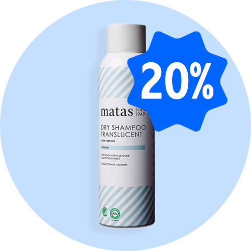 Matas Dry Shampoo Translucent på lyseblå baggrund med blåt 20%-mærke.