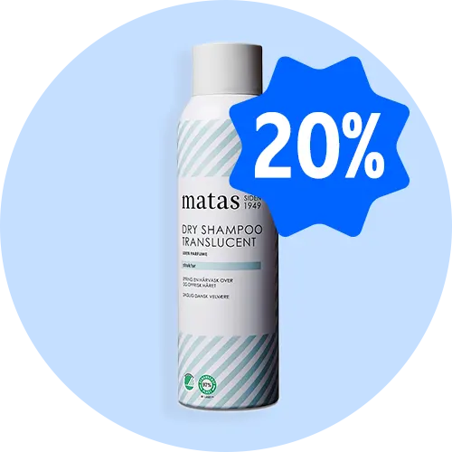 Matas Dry Shampoo Translucent på lyseblå baggrund med blåt 20%-mærke.