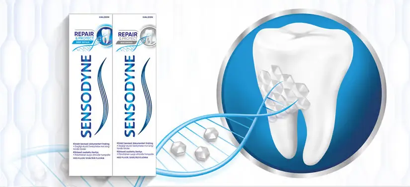 Her ses en hvid baggrund, hvorpå en tand ses til højre i en blå bobble, som fører en DNA-ligende streng hen til to Sensodyne produkter i venstre side.