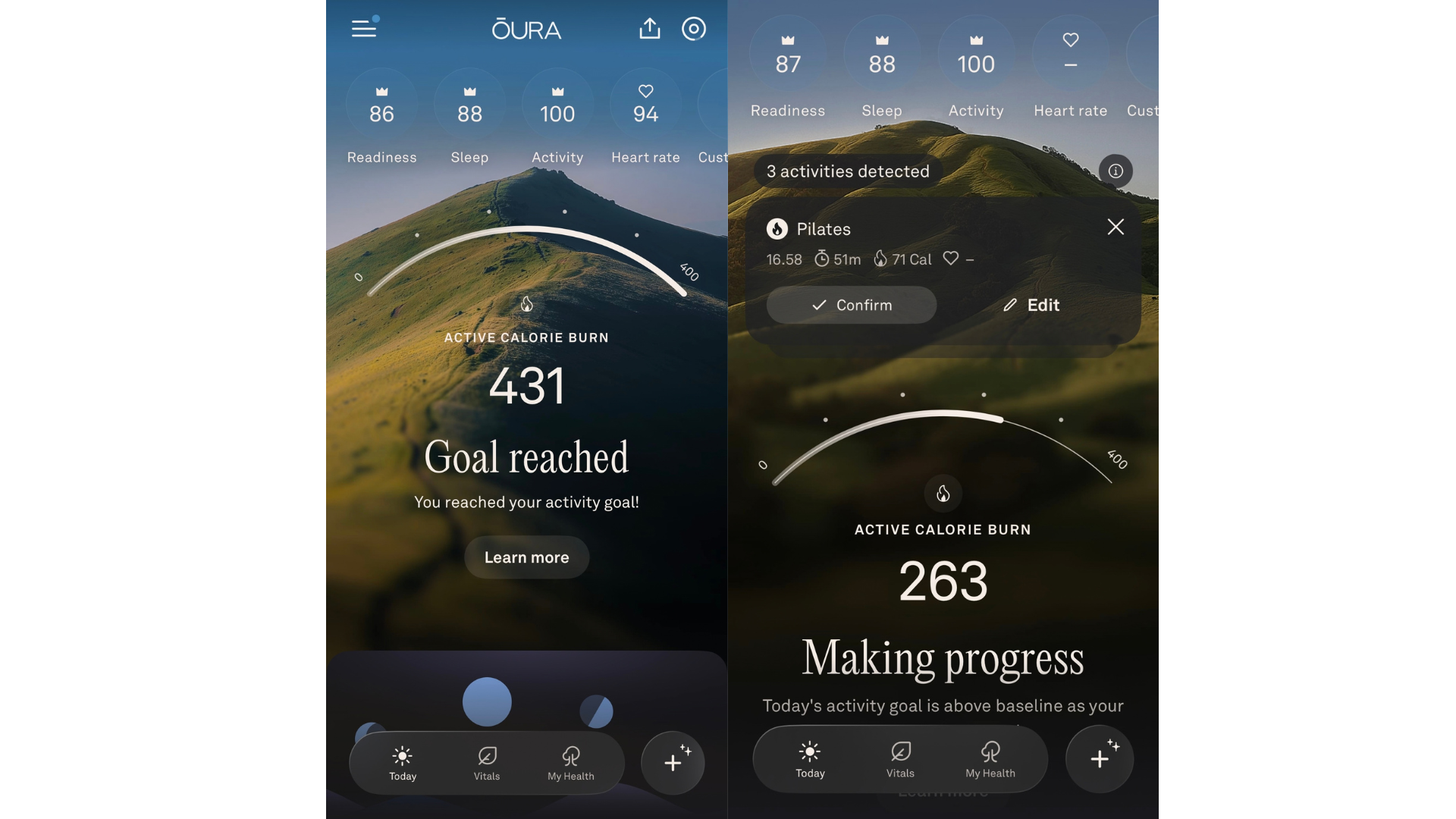 Oura-app viser aktivitet: 'Goal reached' med 431 kalorier og 'Making progress' med 263 kalorier, inkl. Pilates.