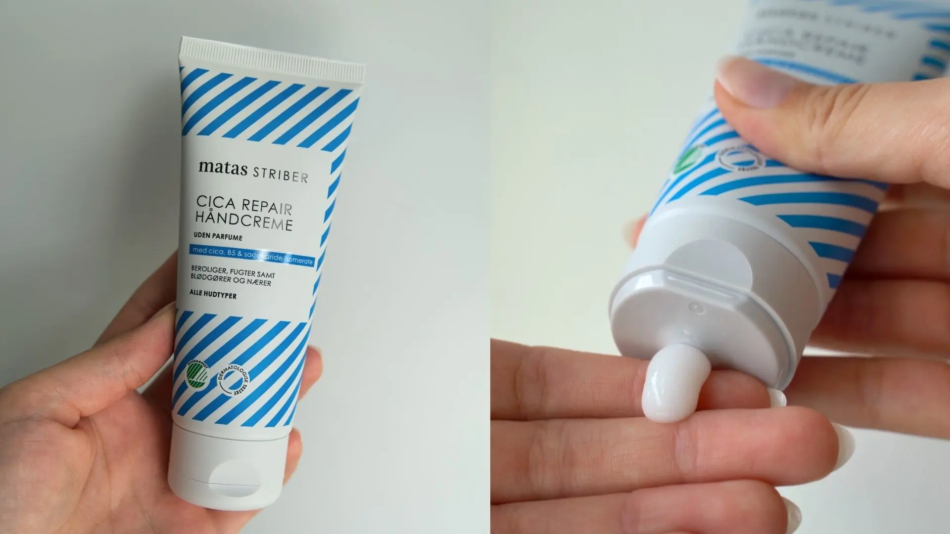 Matas Striber Cica Repair Håndcreme i hvid tube med blå striber. Hvid creme klemmes ud på fingrene.