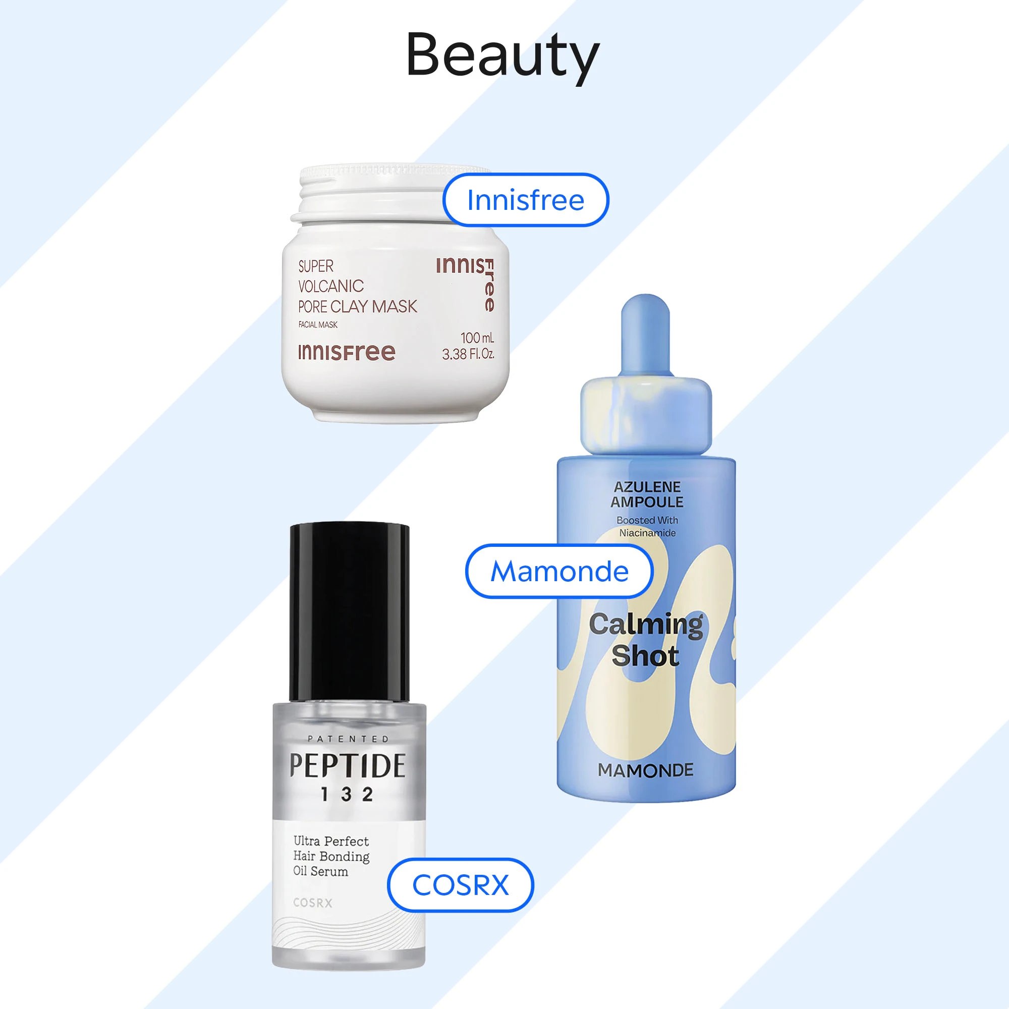 Grafik med overskriften “Beauty” og tre beautyprodukter på lyseblåstribet baggrund: Mamonde Calming Shot serum, Innisfree Super Volcanic Pore Clay Mask og COSRX Peptide 132 hårserum.