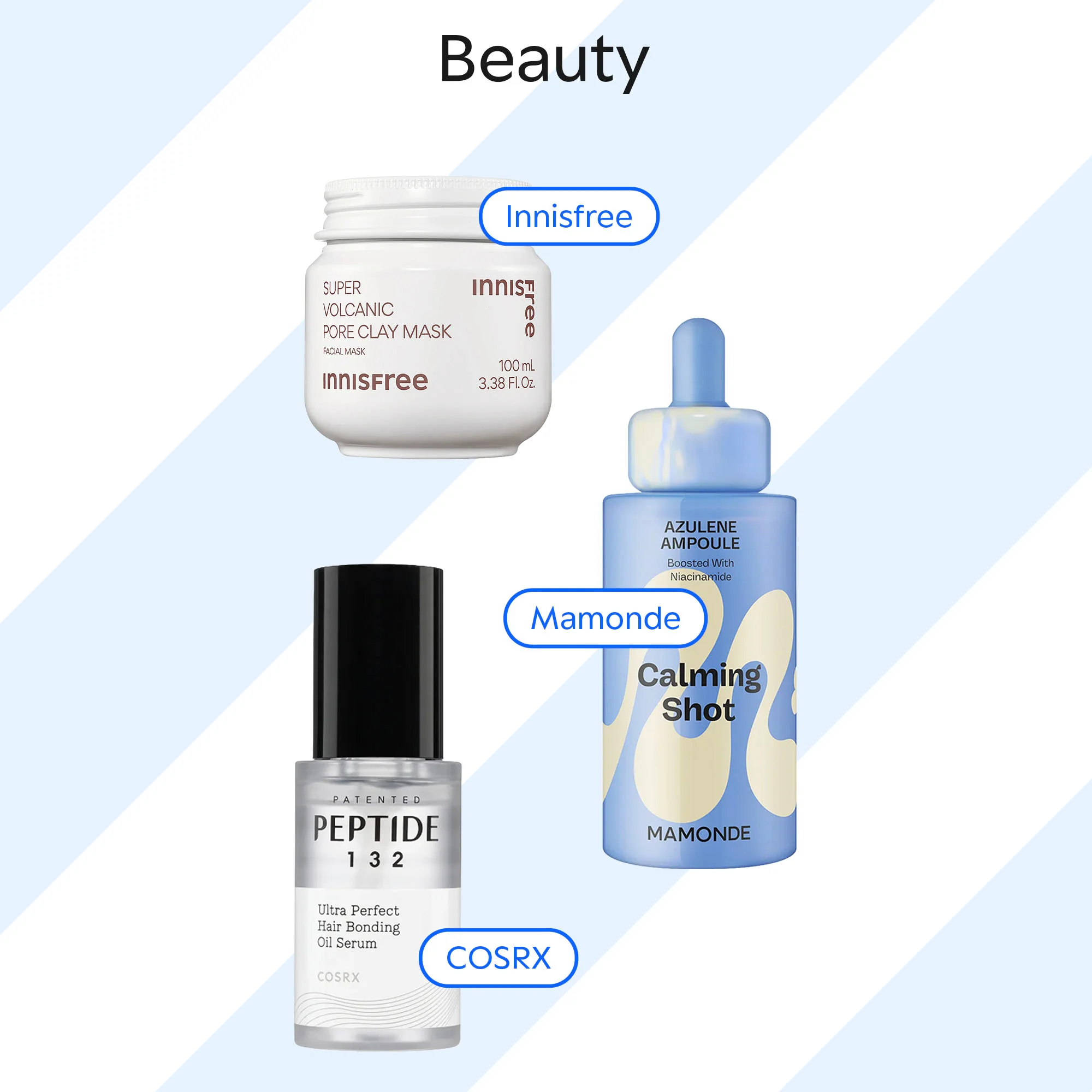Grafik med overskriften “Beauty” og tre beautyprodukter på lyseblåstribet baggrund: Mamonde Calming Shot serum, Innisfree Super Volcanic Pore Clay Mask og COSRX Peptide 132 hårserum.