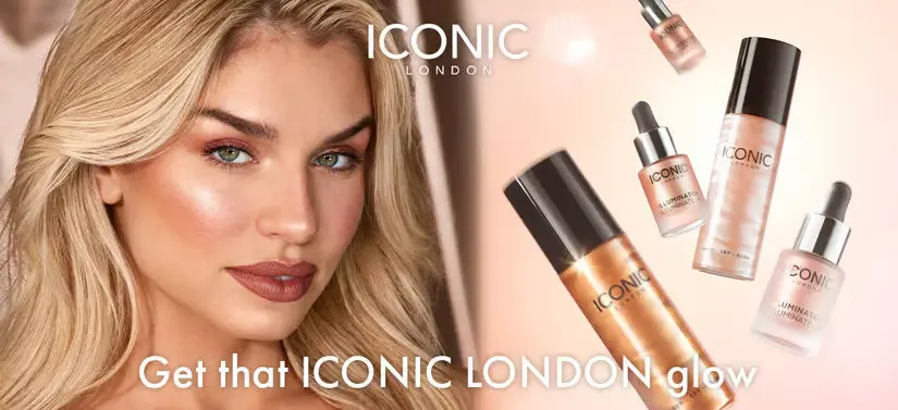 Her ses Iconic Londons logo øverst. Der er i venstre side en kvinde og til højre ses en masse Iconic London makeupprodukter.