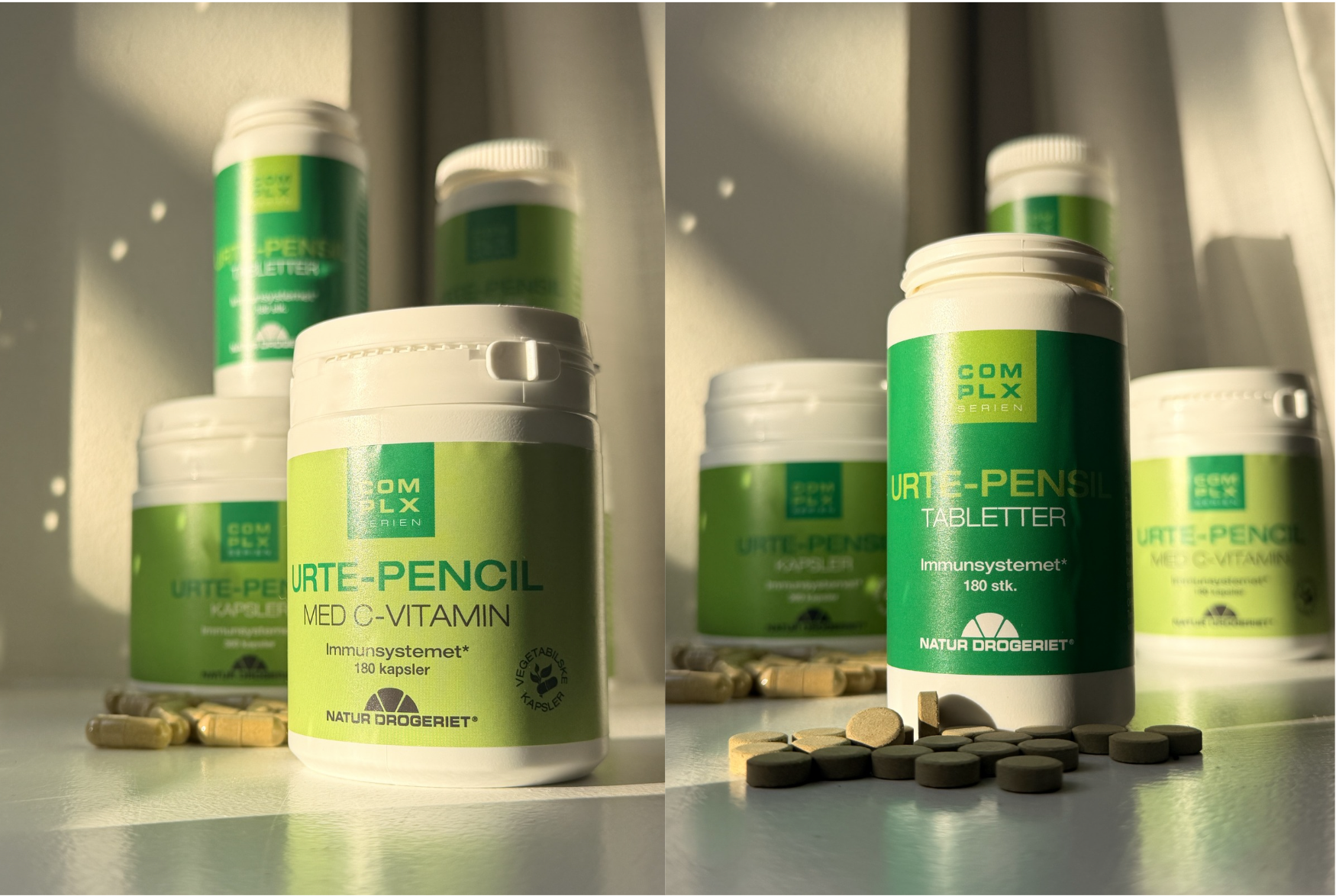 Hvide flasker med grønne Urte-Pensil etiketter for kapsler med C-vitamin og tabletter. Løse piller foran.