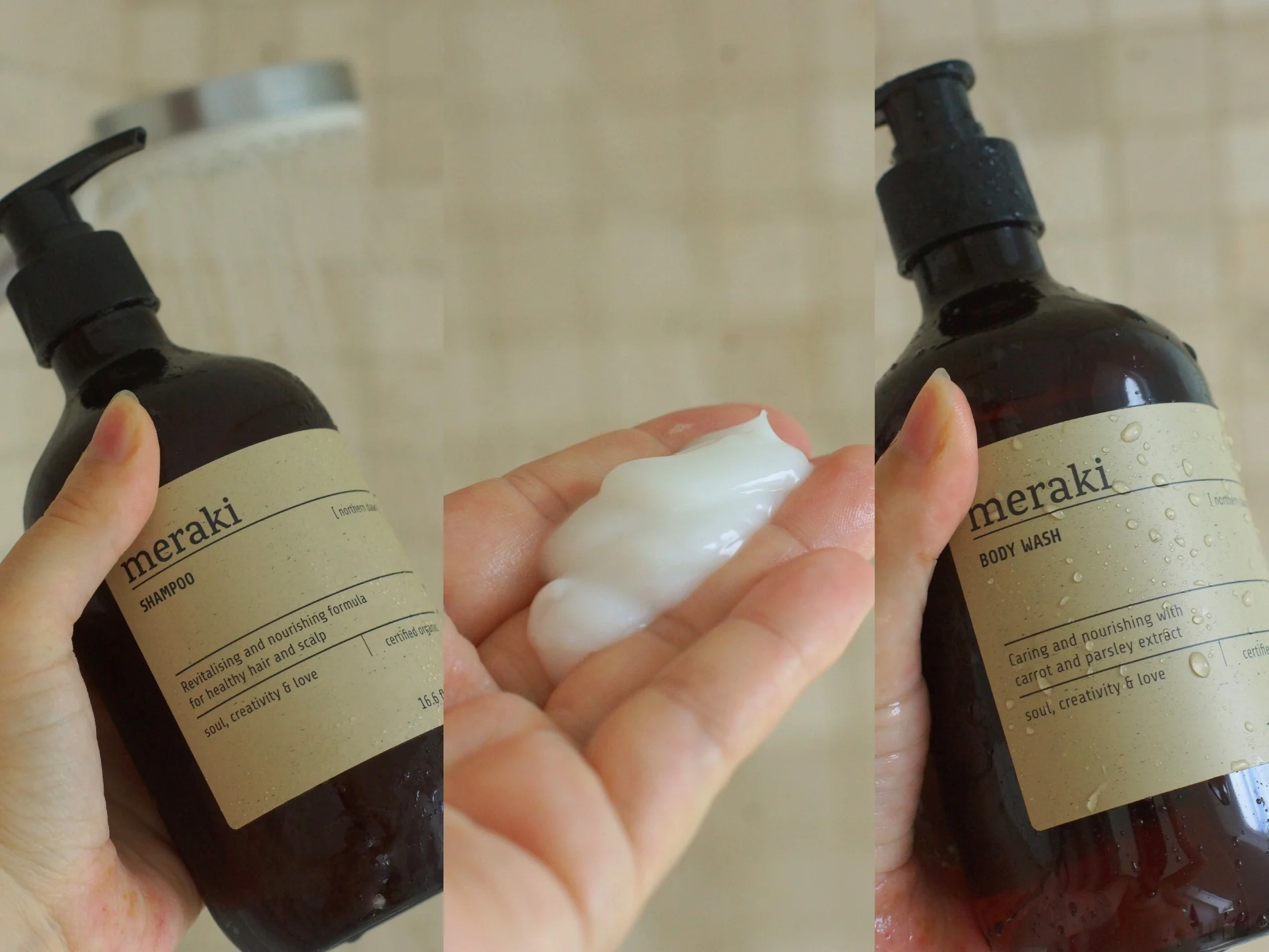 Billede af shampoo, balsam og body wash fra meraki