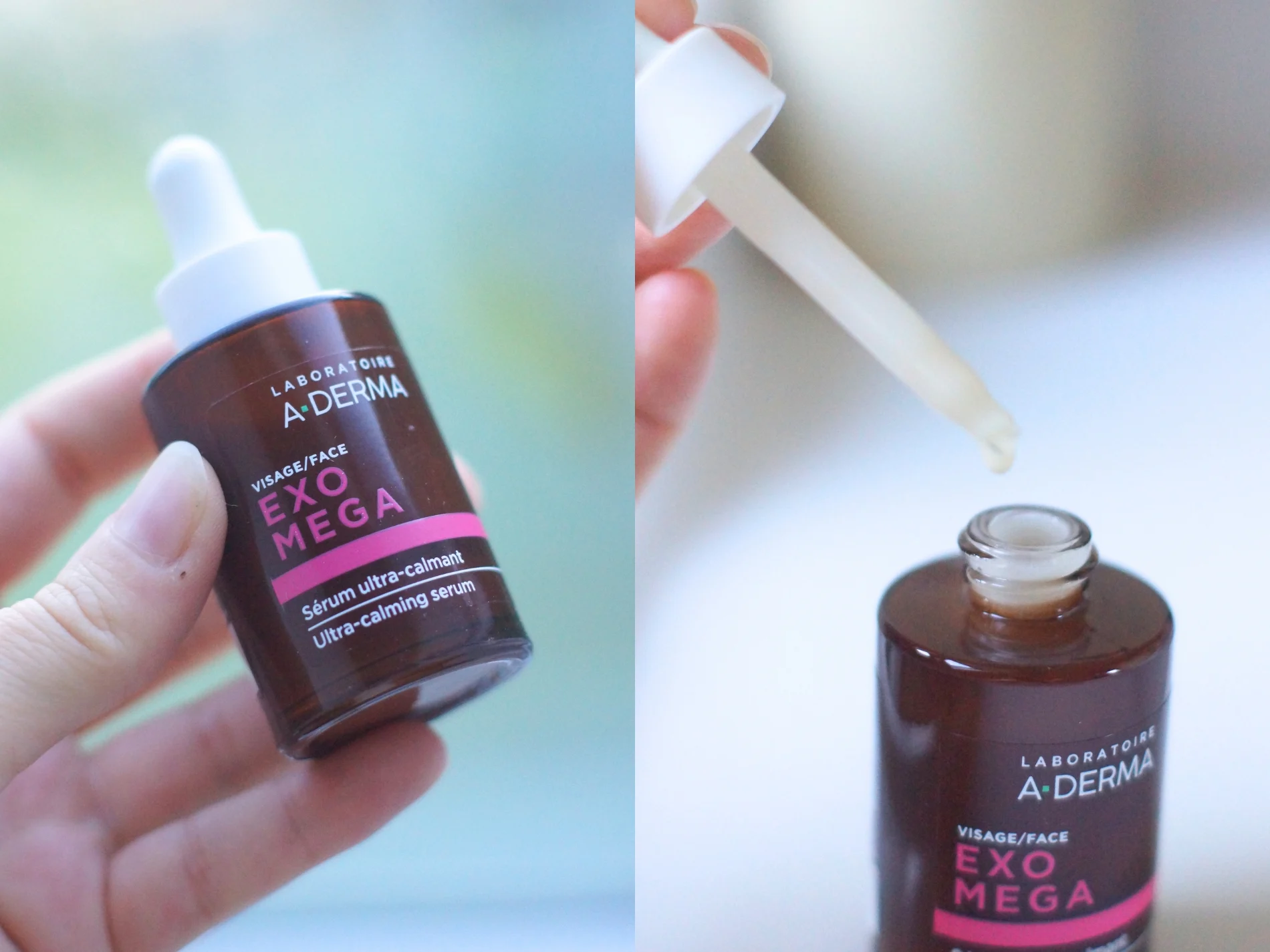 A-Derma Exomega Ultra-calming serum ('Sérum ultra-calmant') i brun dråbeflaske med pipette, der doserer en dråbe.