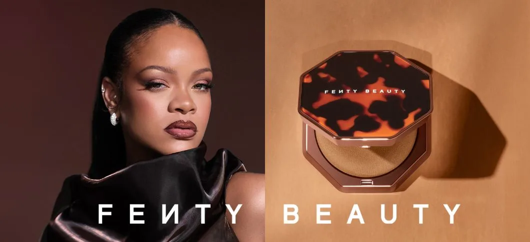 Her ses et billede opdelt i to sektioner. Til venstre ses en person med makeup mod en mørk baggrund, og nederst står teksten “FENTY BEAUTY”. Til højre ses et åbent pudderprodukt fra Fenty Beauty med marmoreret låg placeret mod en varm brun baggrund.