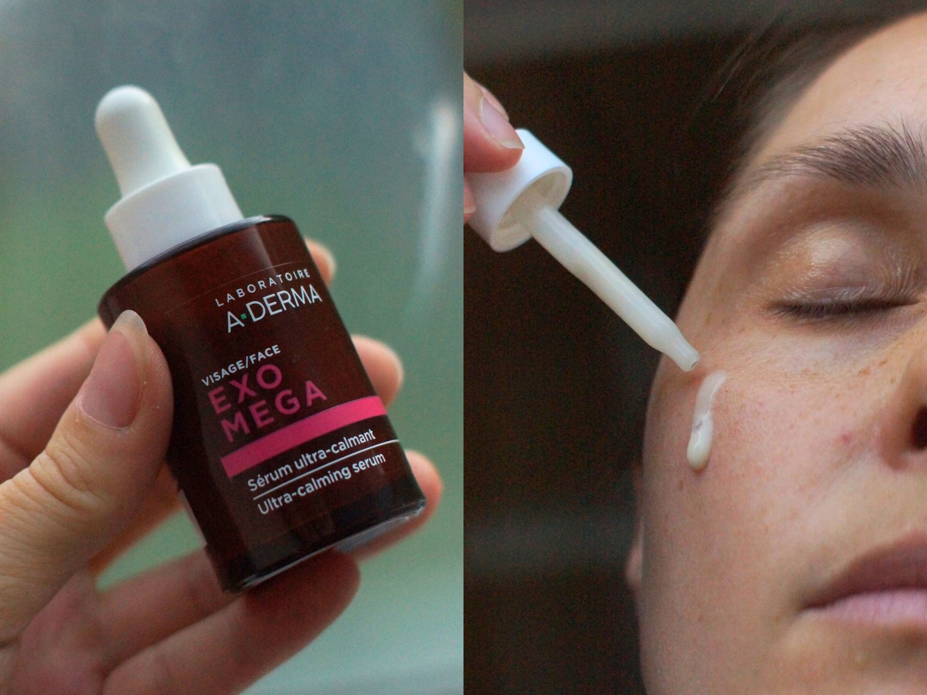 Hånd holder A-DERMA EXOMEGA Ultra-beroligende serum, og serummet påføres ansigtet med en pipette.