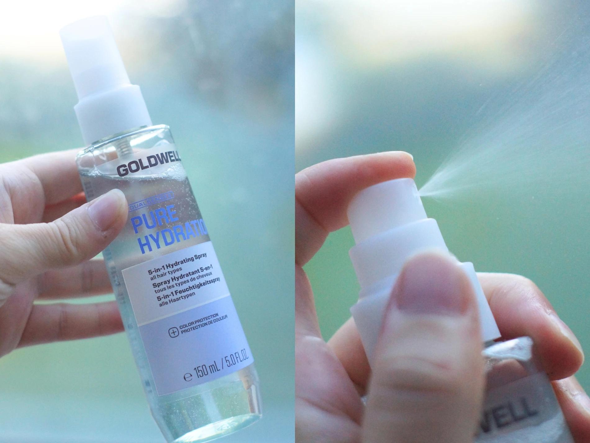 En hånd holder Goldwell Pure Hydration 5-i-1 spray til alle hårtyper og sprøjter en fin tåge ud.