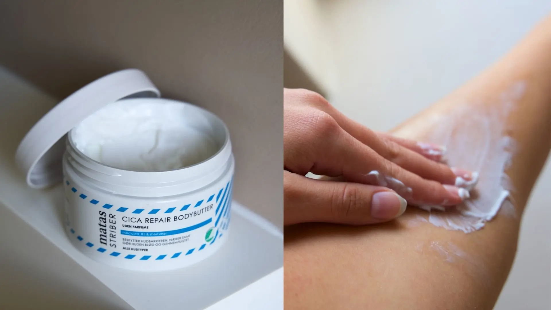 Hvid krukke med Matas Striber Cica Repair Bodybutter med åbent låg, ved siden af en hånd der påfører den hvide creme på en arm.