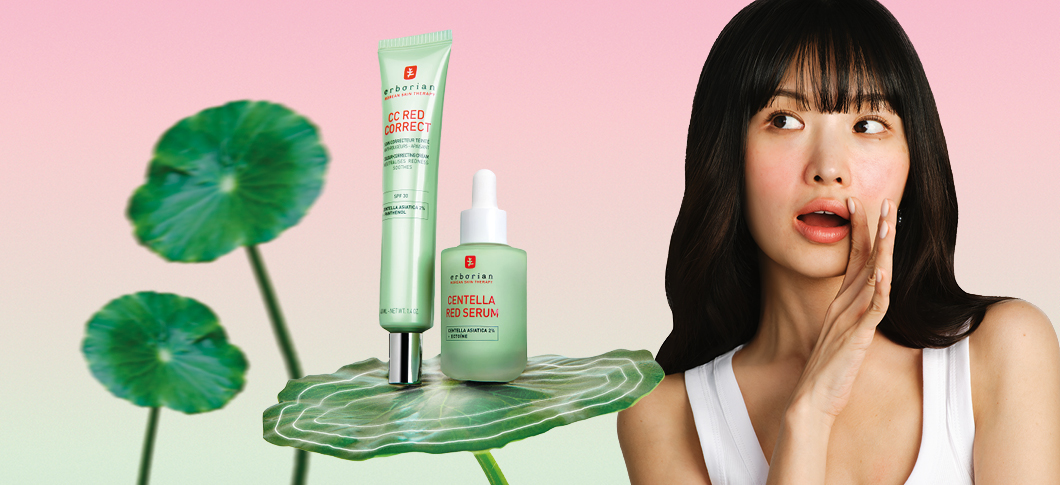 Her ses en kvinde ved siden af Erborian hudplejeprodukter placeret på grønne blade foran en lyserød baggrund.