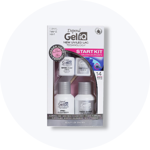 Her ses et Depend Gel iQ Start Kit til gelnegle med UV/LED-teknologi. Pakken indeholder blandt andet Base Coat, Top Coat, Pre-Cleanser og High Shine Cleanser.