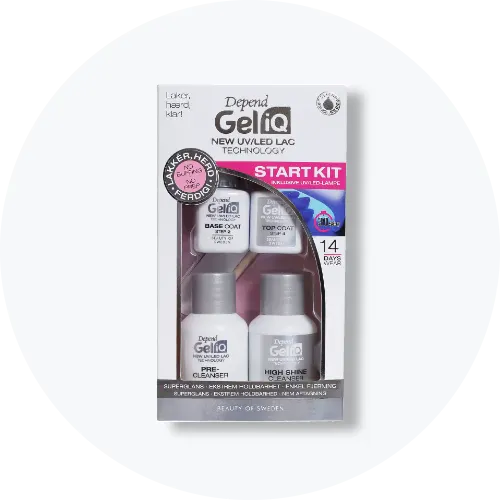 Her ses et Depend Gel iQ Start Kit til gelnegle med UV/LED-teknologi. Pakken indeholder blandt andet Base Coat, Top Coat, Pre-Cleanser og High Shine Cleanser.
