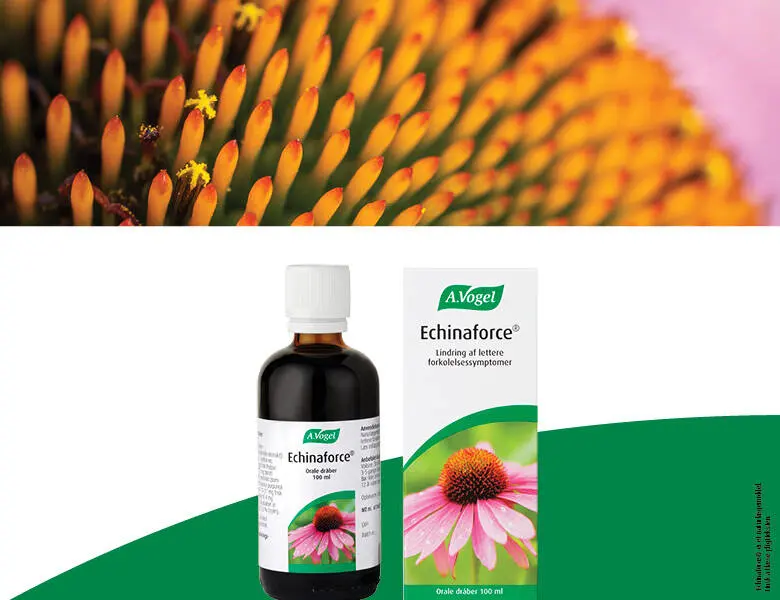 Her ses et A.Vogel produkt med lyserøde blomster på. Ovenover er en orange blomst.