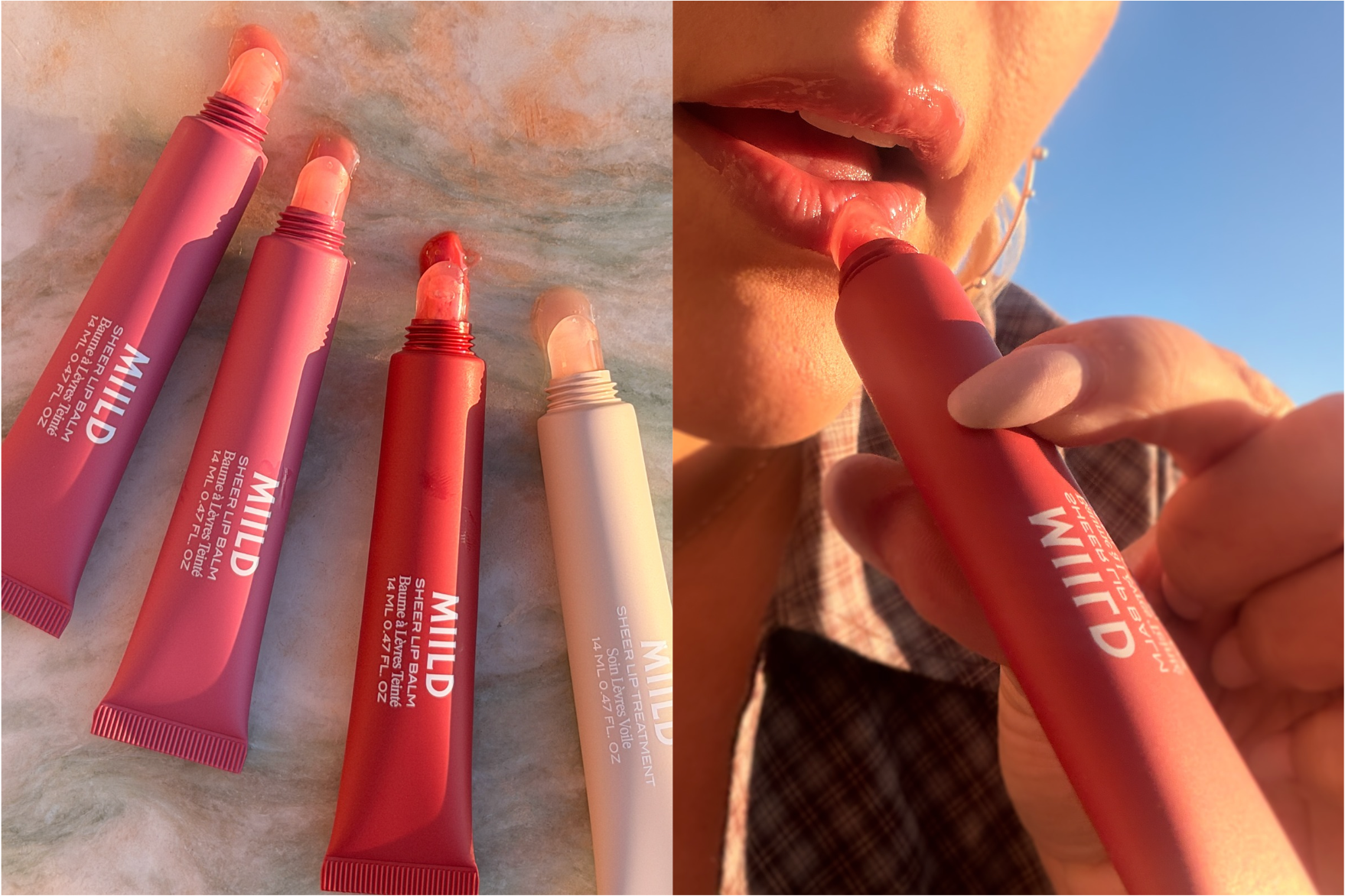 Miild Sheer Lip Balm og Treatment tuber i forskellige nuancer; en rød læbepomade påføres blanke læber.