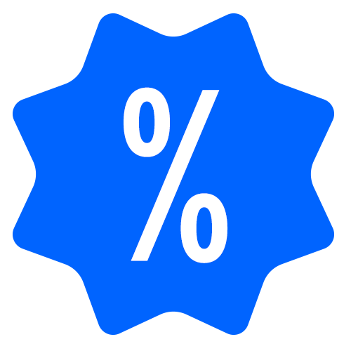 Her ses et blåt, takket symbol med et stort hvidt procenttegn (%) i midten.