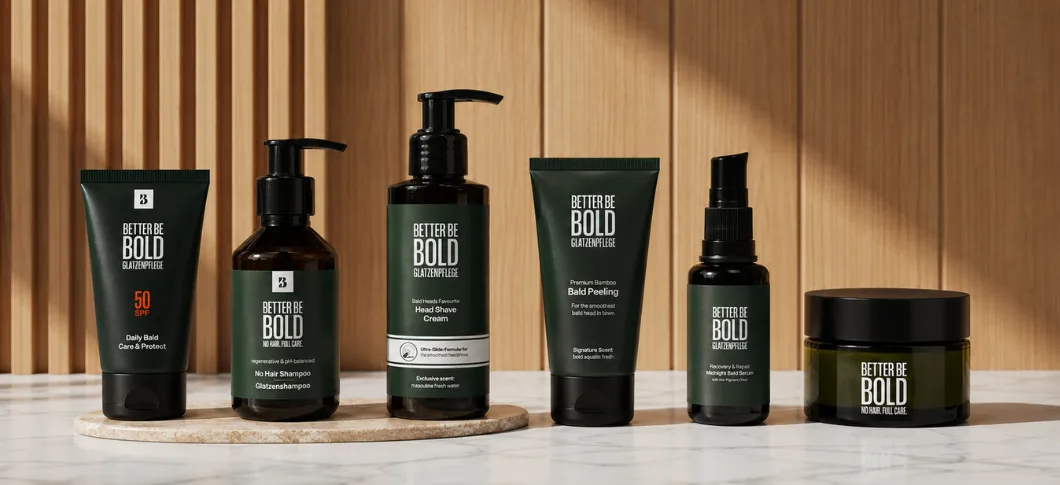 Better Be Bold glatzenplejeprodukter står opstillet på marmorbord foran en trævæg, herunder solbeskyttelse, shampoo, shave cream, peeling, serum og plejecreme til skaldet hoved.