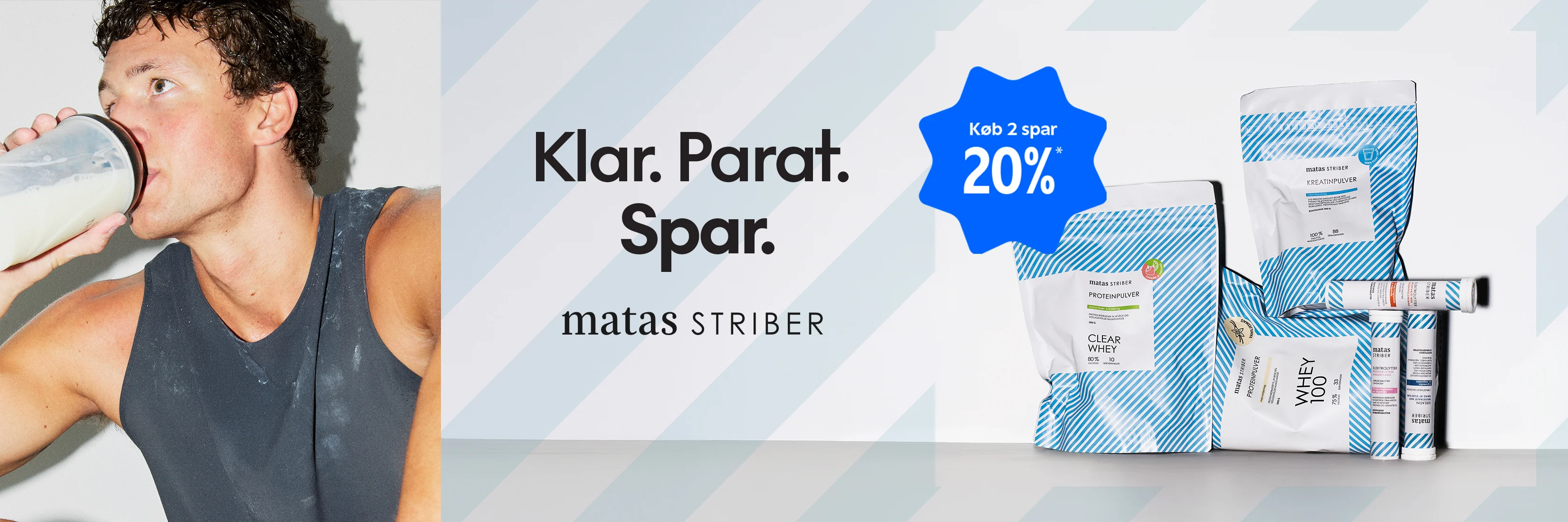 Her ses Matas SportStriber. Samt teksten: Klar. Parat. Spar. Med blå splash Køb 2 spar 20%
