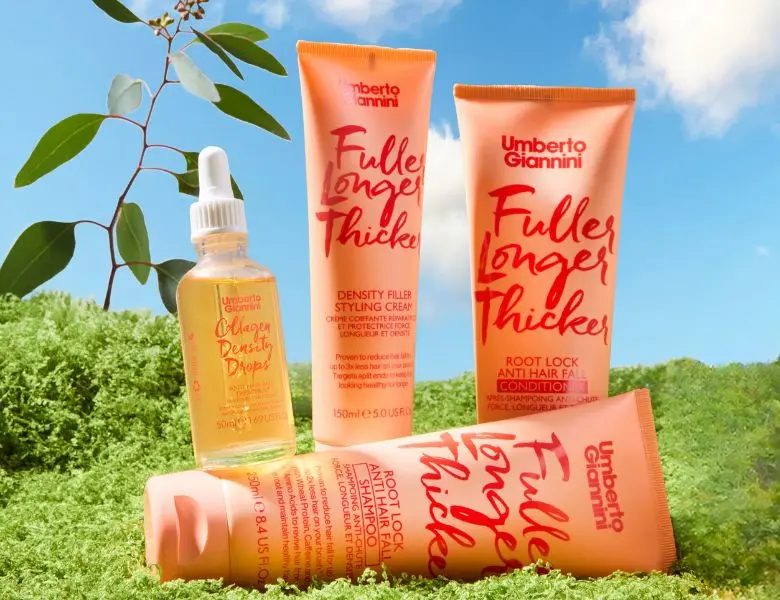 Umberto Giannini hårplejesæt: Fuller Longer Thicker stylingcreme, balsam, shampoo og Collagen Density Drops serum.