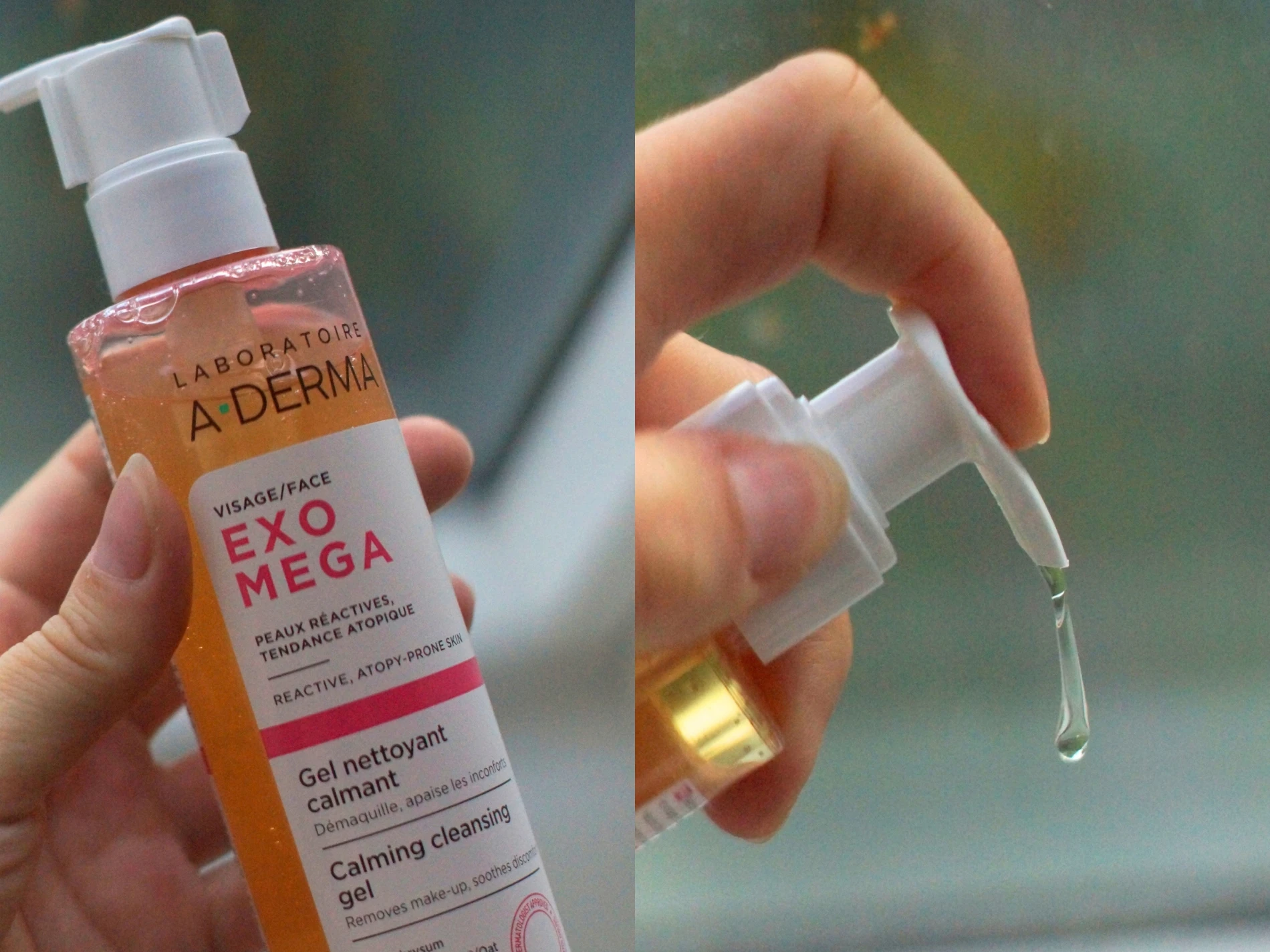 A-DERMA EXO MEGA Calming Cleansing Gel til ansigtet, til reaktiv og atopisk hud, med klar gel dryppende fra pumpen.