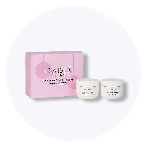 Plaisir by Matas gaveæske med Dagcreme & Natcreme Intensiv Anti-Ageing, inklusive to hvide krukker.