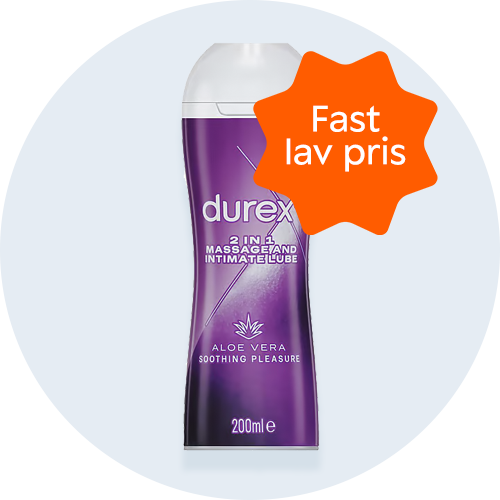 Her ses et lilla og hvidt Durex-produkt på en lyseblå baggrund.
