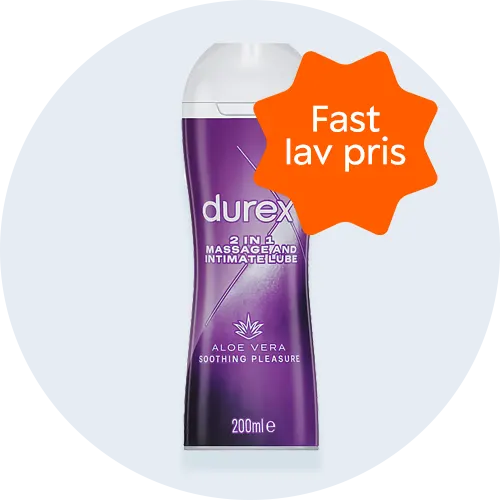 Her ses et lilla og hvidt Durex-produkt på en lyseblå baggrund.