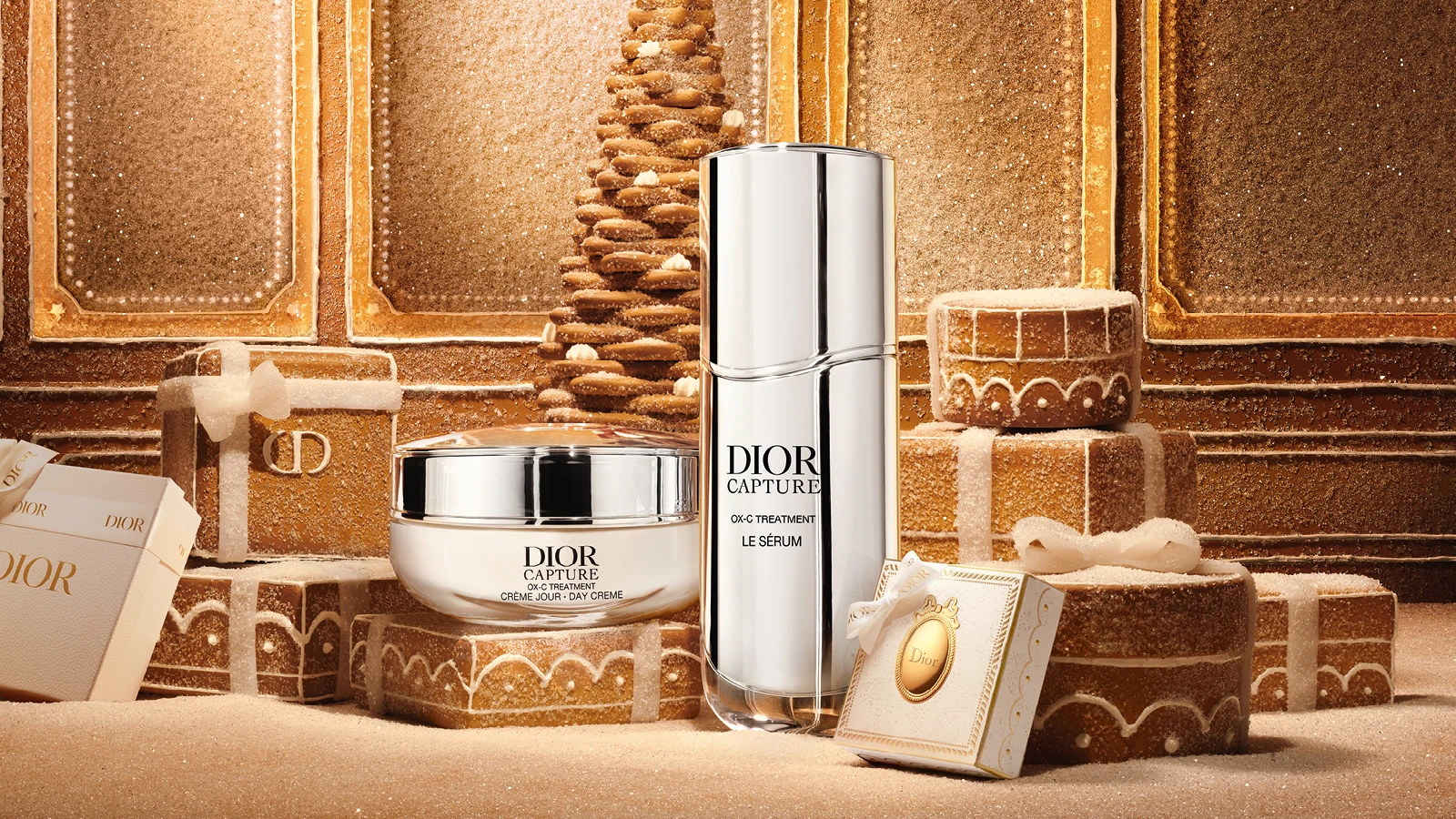 Dior Capture Crème Jour Day Creme og Dior Capture OX-C Treatment Le Sérum i et festligt honningkage-julemiljø.