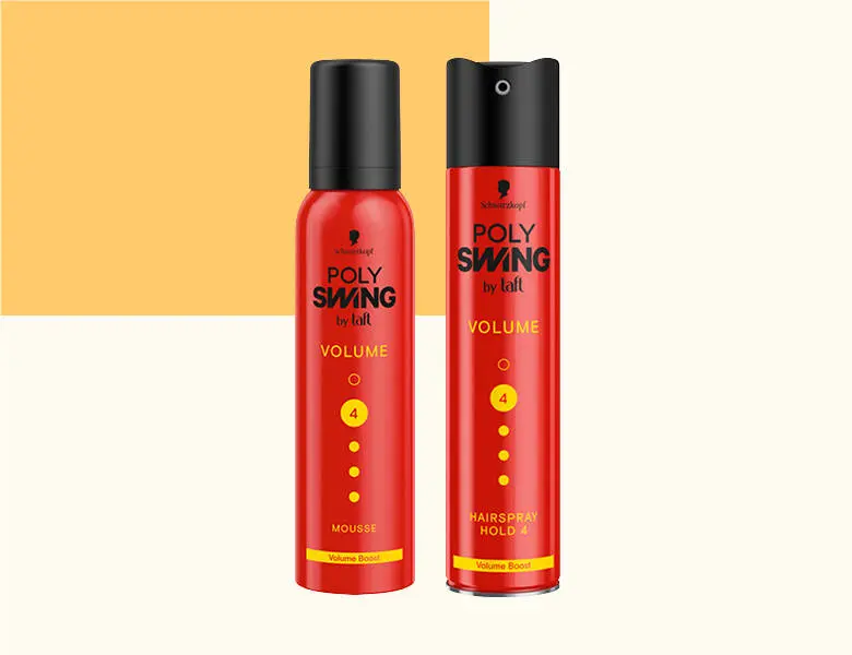 Her ses en hvid og gul baggrund med to røde Schwarzkopf produkter til styling. 