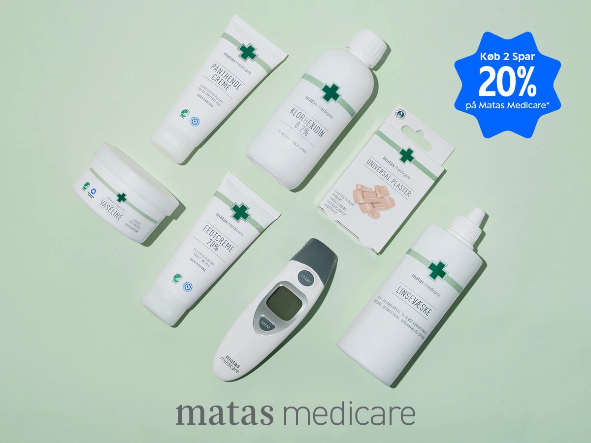 En samling Matas Medicare produkter, herunder cremer, klorhexidin, plastre, linsevæske og termometer. Med teksten 'Køb 2 Spar 20% på Matas Medicare*'.