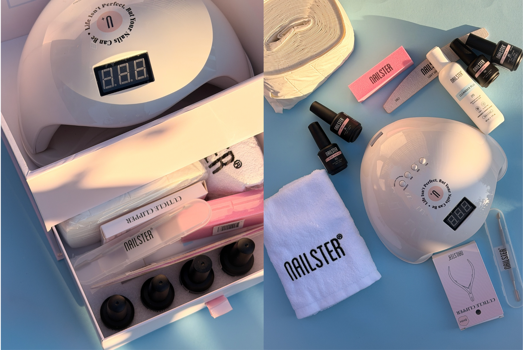 Nailster neglesæt: UV-lampe (display '8.8.8', tekst 'Life isn't Perfect, But Your Nails Can Be'), neglelakker, filer, 'CLEANSER PLUS', håndklæde, neglebåndsklippere og negleservietter.