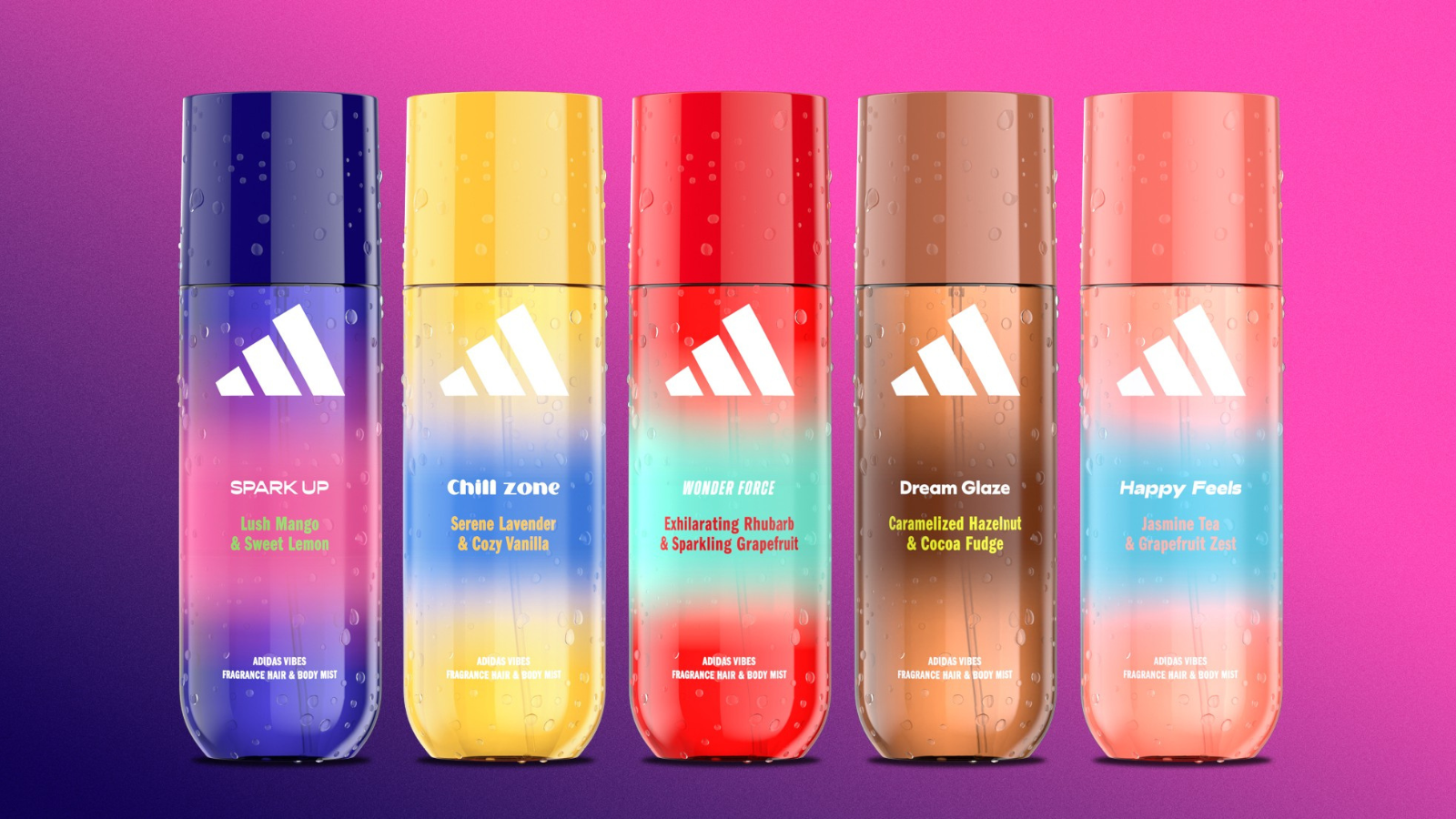 Fem Adidas Vibes Fragrance Hair & Body Mist flasker præsenteres. Fra venstre: 'Spark Up' (Lush Mango & Sweet Lemon), 'Chill Zone' (Serene Lavender & Cozy Vanilla), 'Wonder Force' (Exhilarating Rhubarb & Sparkling Grapefruit), 'Dream Glaze' (Caramelized Hazelnut & Cocoa Fudge) og 'Happy Feels' (Jasmine Tea & Grapefruit Zest).