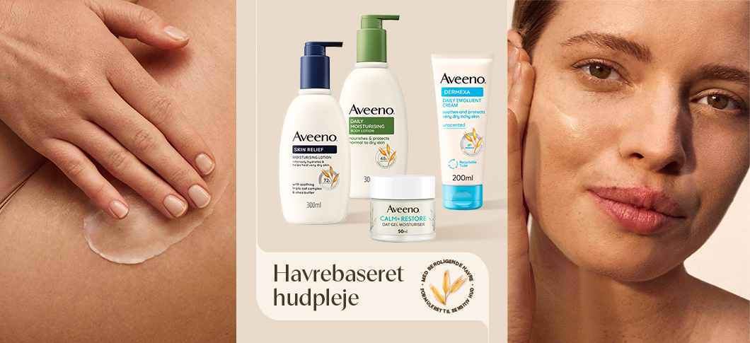 Her ses et billede, som er opdelt i tre. I venstre side ses en siddende kvinde, som smører creme på sit lår. I midten side ses fire forskellige Aveeno produkter på en lys baggrund. Til højre ses em kvinde som smører creme på. 